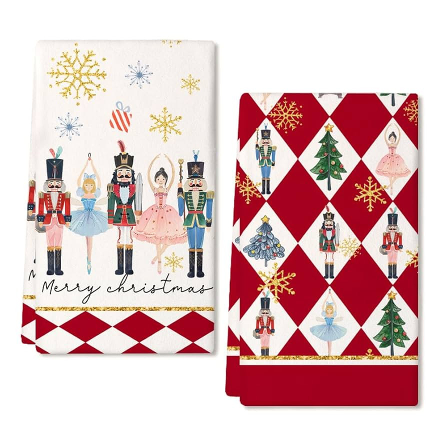 Nutcrackers Christmas Kitchen Towels Set of 2,Red Snowflake Xmas Tree Dish Hand Towels Holiday Ho... | Amazon (US)