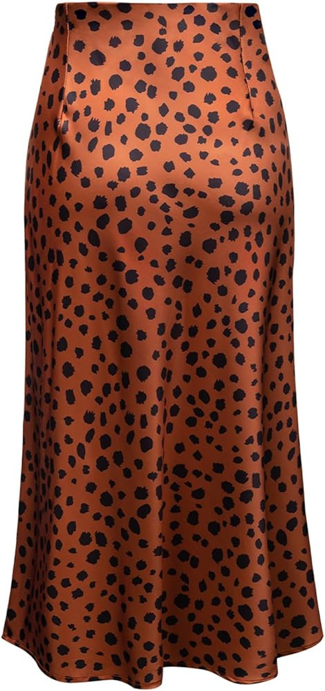 Womens Leopard Print Skirt Midi Long Length Silk Satin High Waist Elastic Skirts | Amazon (US)
