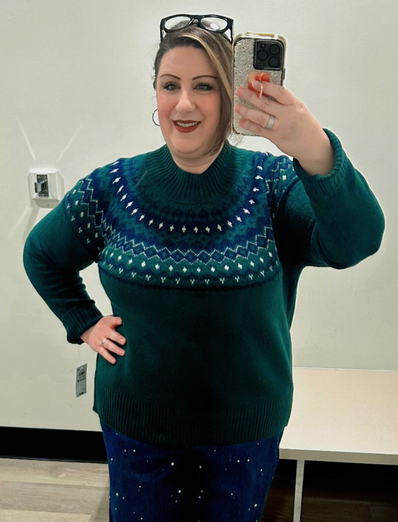 It’s sweater weather ❄️ & this green / navy knit 🧶 number in a size XL easily accommodated my arms without any struggle. The plus size rhinestone wide leg jeans were gorgeous but I’d recommend sizing down for a better fit. These were an 18W but we’re too big on me so I went back to get them in a size 16. Kudos to Macys for actually carrying lots of plus size inventory in store! I’ve also linked some shoe & accessory options to complete the look. Perfect for the winter & Christmas 🎄 season. 

#macys #sweaterweather #holidaysweater #40plusstyle #teacheroutfits #rhinestonejeans 
#on34th #stylenco

#LTKMidsize #LTKHoliday #LTKPlusSize
