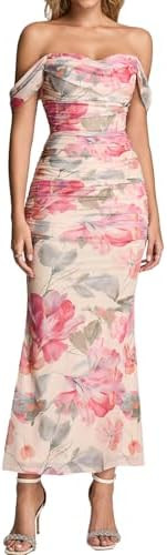 KUTUMAI Off The Shoulder Maxi Long Dress Corset Ruched Bodycon Cocktail Formal Wedding Guest Dres... | Amazon (US)