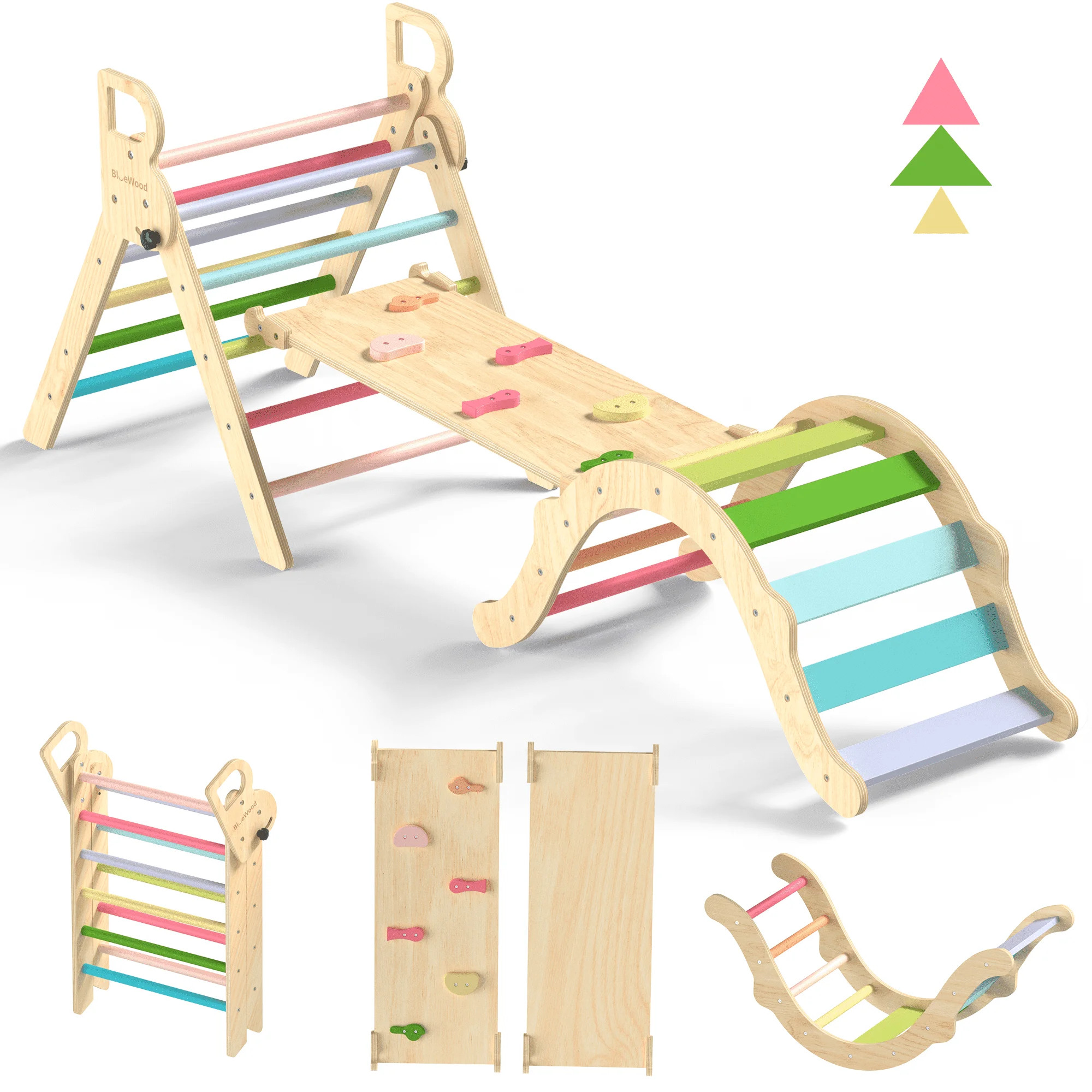 BlueWood Pikler Triangle Set Indoor Jungle Gym 8-in-1 Foldable Wooden 3-Piece | Walmart (US)