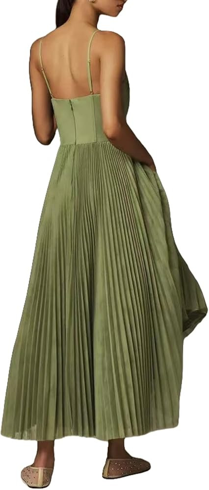 Tea Length Pleated Formal Dresses for Women Satin Bridesmaid Dress Spaghetti Straps Backless A Li... | Amazon (US)