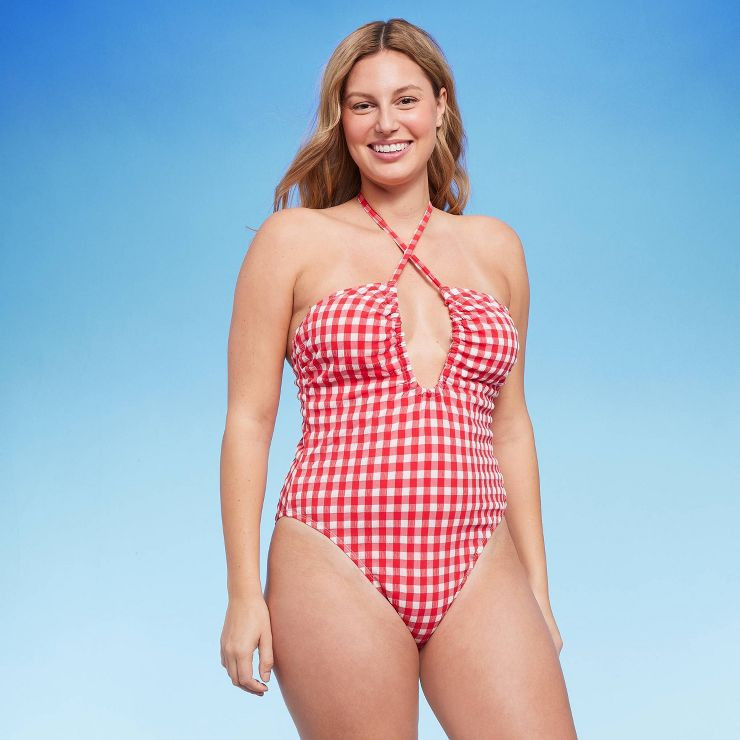 Women's Keyhole Cross Front Halter Ultra High Leg Cheeky One Piece Swimsuit - Wild Fable™ Red | Target