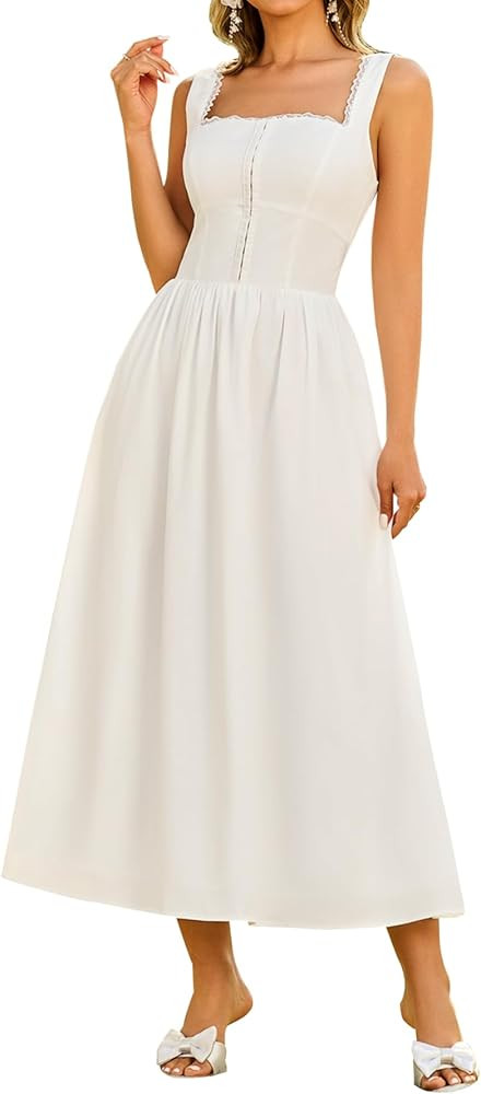 KUTUMAI Lace Square Neck Corset Midi Dress Summer Smocked Flowy A Line Casual Beach Sundress for ... | Amazon (US)