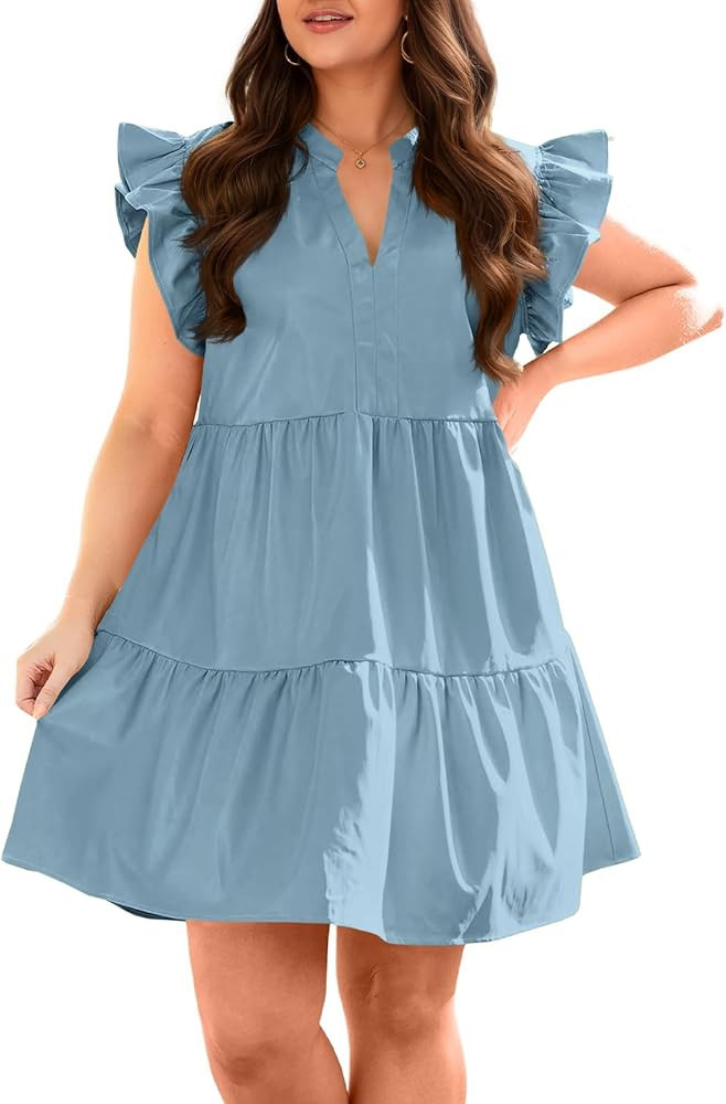 Fisoew Plus Size Dresses for Women Summer Ruffle Short Sleeve V Neck Dress | Amazon (US)