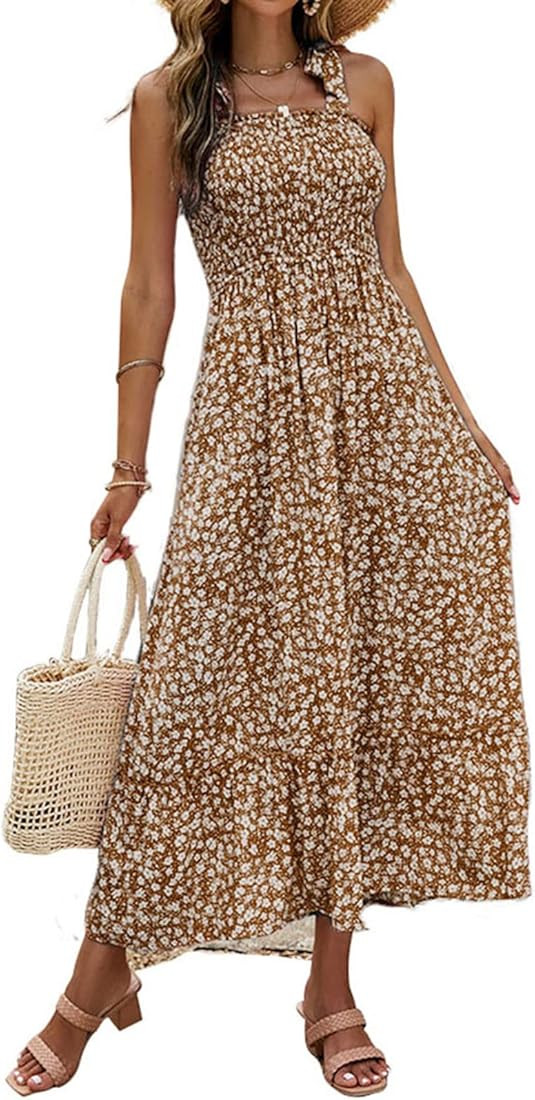 Tobrief Women's Boho Dress Summer Spaghetti Strap Square Neck Flowy Ruffle Beach Long Maxi Dress | Amazon (US)