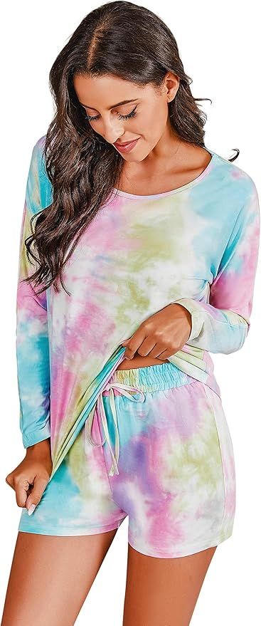 Banamic Women's Tie Dye Printed Pajama Set Sleepwear Nightwear Top and Shorts Pjs Set | Amazon (US)