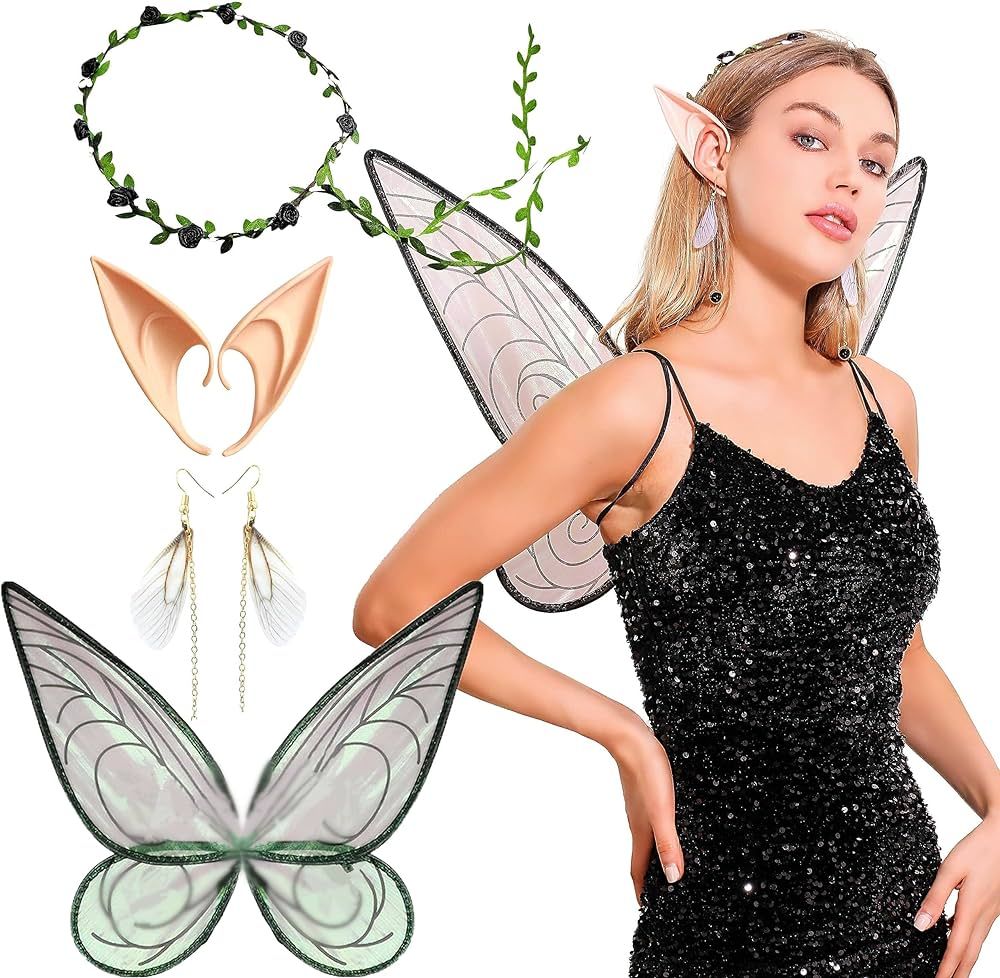 JeVenis Black Fairy Wings for Adult Elf Ears Fairy Floral Headband Crown Fairy Costume Adult Wome... | Amazon (US)