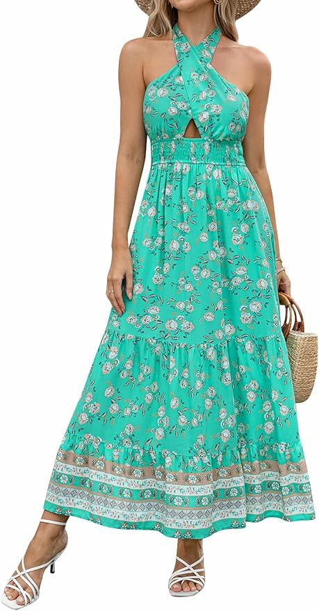 ZESICA Women's Summer Crossover Halter Neck Sleeveless Plaid Cut Out Backless Flowy A Line Maxi D... | Amazon (US)