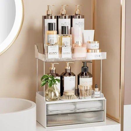 2-tier Vanity Organizer Delamu Bathroom Countertop Organizer 2 Drawers Multi-Purpose Makeup Organizer Countertop Cosmetics Clear | Walmart (US)