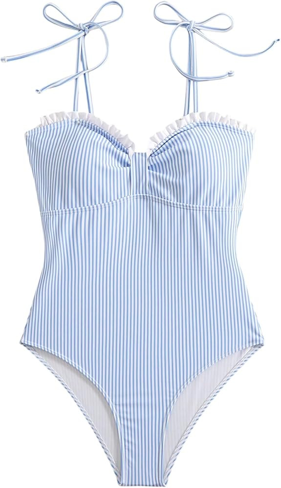 Verdusa Women's Striped Tie Shoulder One Piece Swimsuit Ruched Bust Summer Vacation Bathing Suit | Amazon (US)