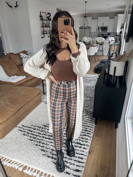 Bodysuit — small
Cardigan — small
Pants — xs in the dark brown color 

casual outfit | amazon outfit | plaid pants | casual outfits | fall fashion | fall outfits | platform doc martens outfit | brown fall outfit | duster cardigan outfit 

#LTKfindsunder50 #LTKfindsunder100 #LTKstyletip