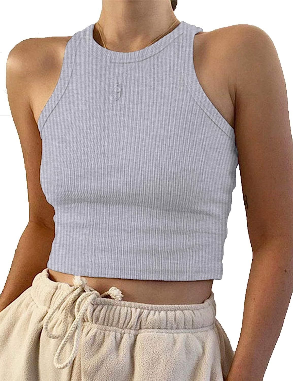 KAMISSY Women Basic Crew Neck Crop Tank Top Solid Rib-Knit Binding Crop Top | Amazon (US)