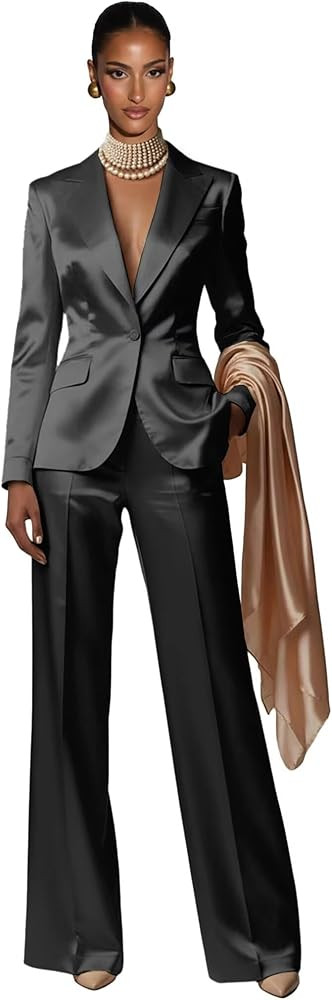 Traje de satén para mujer, elegante traje de 2 piezas para mujer, elegante solapa de pico de 1 b... | Amazon (US)