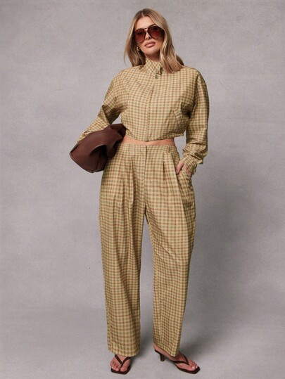 Hauture Fashionable Retro Plaid Pocket Decor Straight Leg Pants | SHEIN
