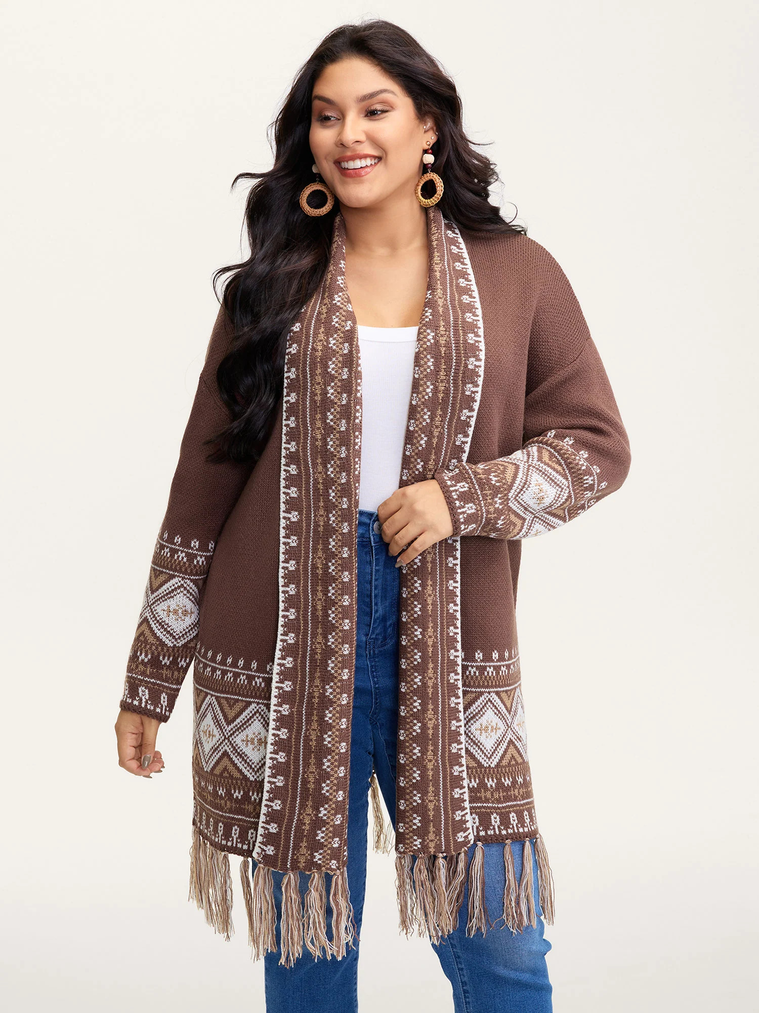 Boho Jacquard Folded Collar Tassels Cardigan | Bloomchic