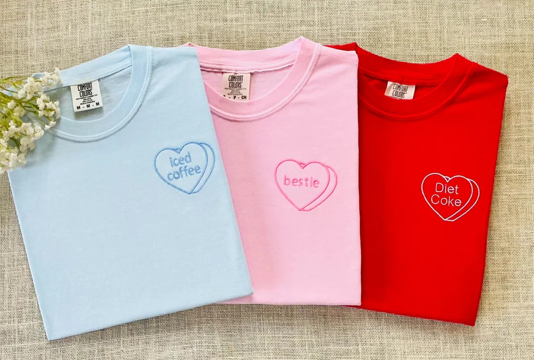 Custom Valentines Embroidery T Shirt Cute Besties Valentines Gift Sweetheart Candy T Shirt Person... | Etsy (US)