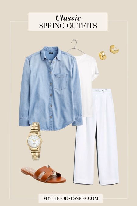 Create a spring outfit with these classic pieces. Start with a monochromatic base of a white tee and pants. Next, add a blue chambray shirt left unbuttoned. Style it with gold hoops, a gold watch, and leather sandals from Tuckernuck.

#LTKstyletip #LTKSeasonal
