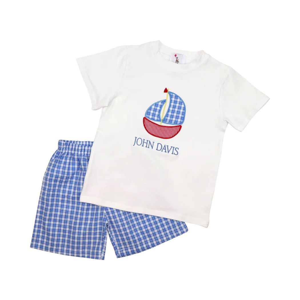 Blue Seersucker Plaid Applique Boat Short Set | Eliza James Kids