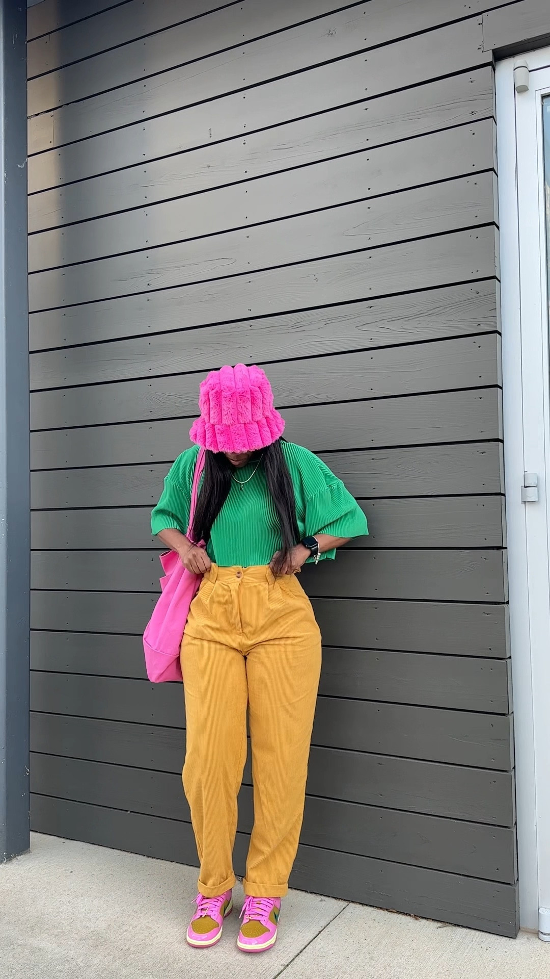 How to style Nike Dunk Low x Parris Goebel. I’m wearing a pink fluffy bucket hat, green shirt, pink tote bag, and yellow corduroy pants.

#LTKStyleTip #LTKShoeCrush #LTKFindsUnder50