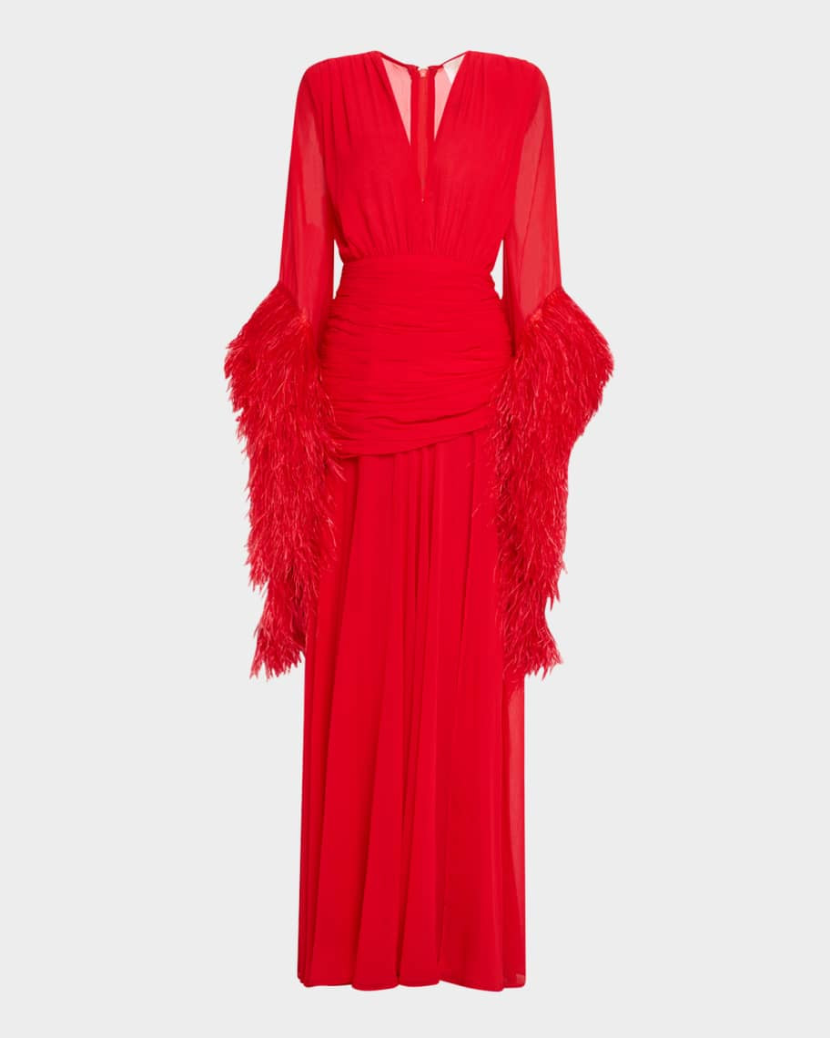 Bronx and Banco Geisha Deep V-Neck Feather Gown | Neiman Marcus