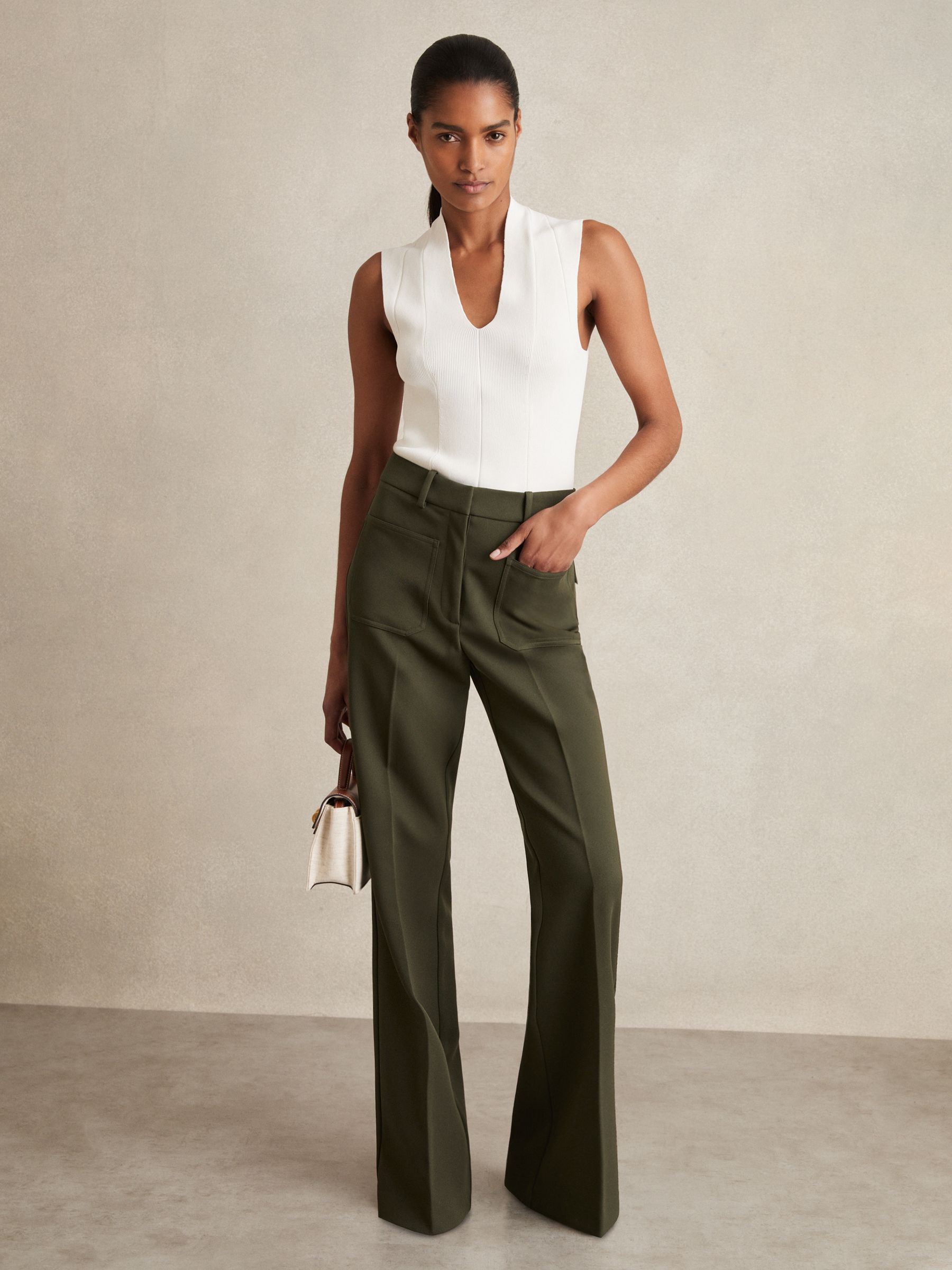 Petite Twill Patch-Pocket Flared Trousers in Green | Reiss US
