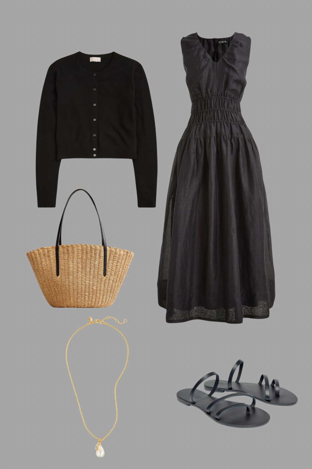 J Crew Summer Outfit 
Black summer dress
Straw bag
Cashmere cardigan sweater
Black sandals 
Pearl pendant necklace 
Elavated summer dresses 
Jcrew Style 
Farmers market outfit 
Brunch outfit 
Spring outfit 
Basket bags 
Black sandals 

#LTKStyleTip