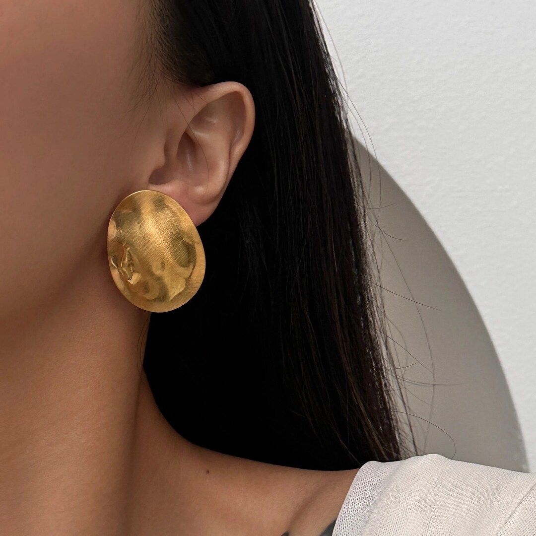 Gold Oval Earrings Big Flat Circle Earrings Statement - Etsy | Etsy (US)