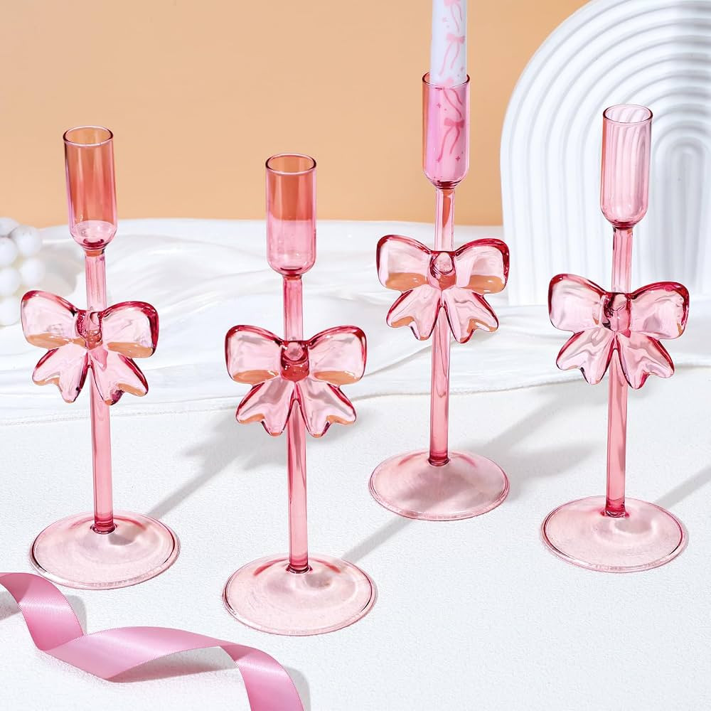 Mumufy 4 Pieces Coquette Pink Bow Glass Candlestick Holders Coquette Glass Candle Holders Pink Bo... | Amazon (US)