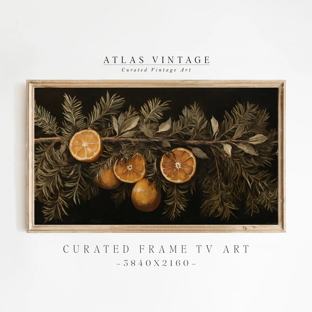 Vintage Botanical Christmas Frame Tv Art, Garland Citrus Lemon Evergreen Branch, Christmas Samsun... | Etsy (US)