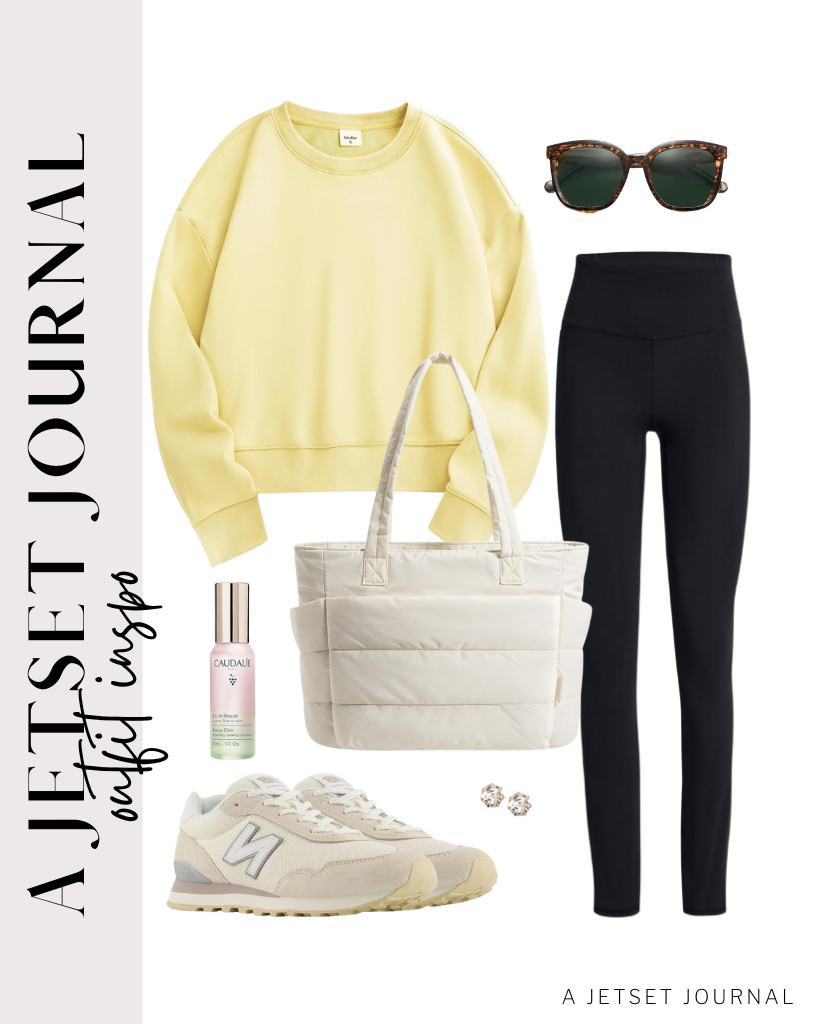 This yellow crewneck sweatshirt also goes well with SINOPHANT high-waisted leggings! For this fit, you can pair it with a BAGSMART puffy tote bag and New Balance sneakers. Pop in these stud earrings and wear your SOJOS trendy polarized sunnies to finish the fit. 

 #LTKSeasonal #LTKSaleAlert #LTKTravel