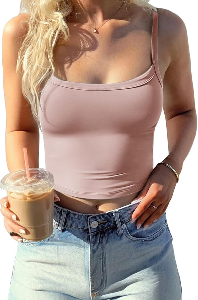 CHYRII Womens Tank Tops with Built in Bra Fashion Workout Top Longline Sports Bra Basic Camisole ... | Amazon (US)