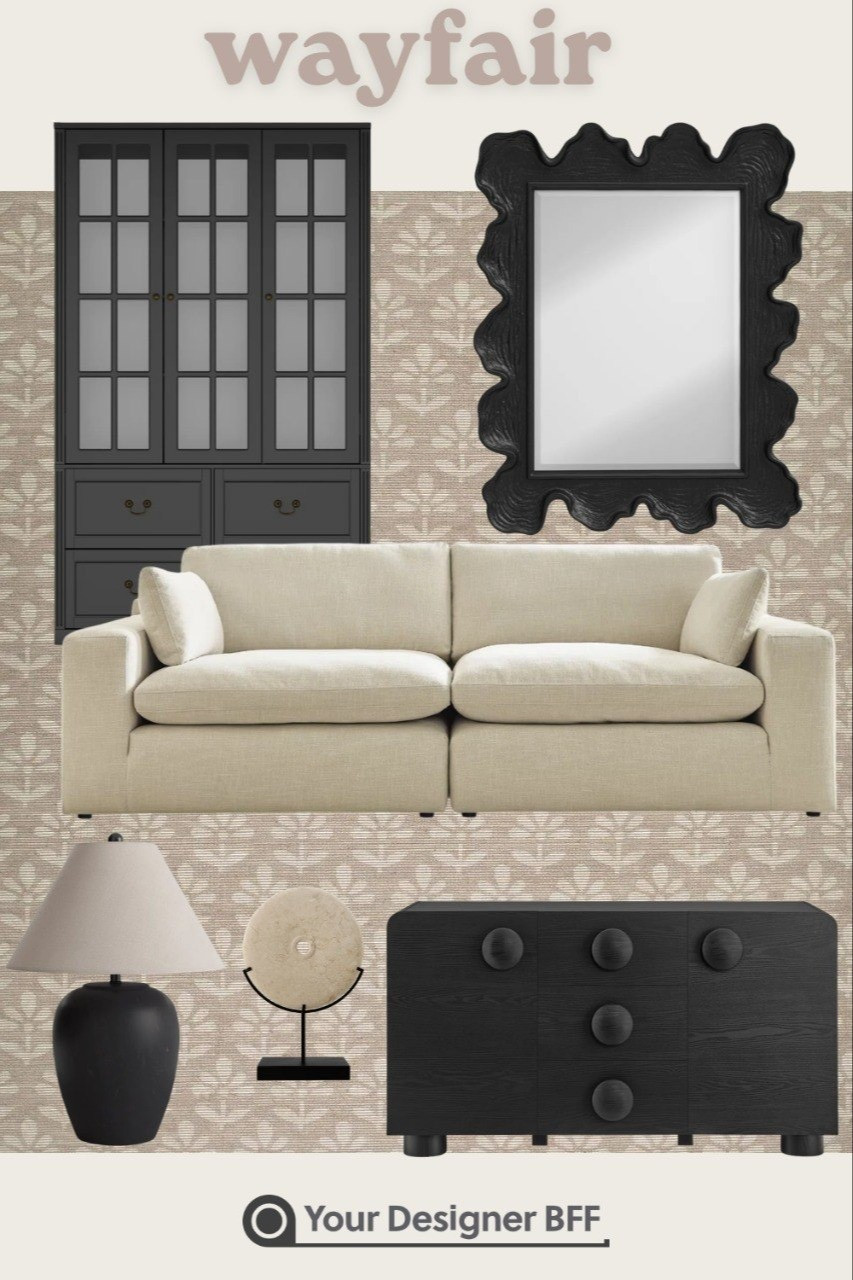 A cozy, contemporary living space blending soft neutrals with bold black accents. A plush beige sofa is paired with a striking black cabinet, sculptural mirror, and textured decor, all set against subtle patterned wallpaper for added depth. The mix of clean lines and organic elements creates a balanced, inviting atmosphere.

#LTKHome