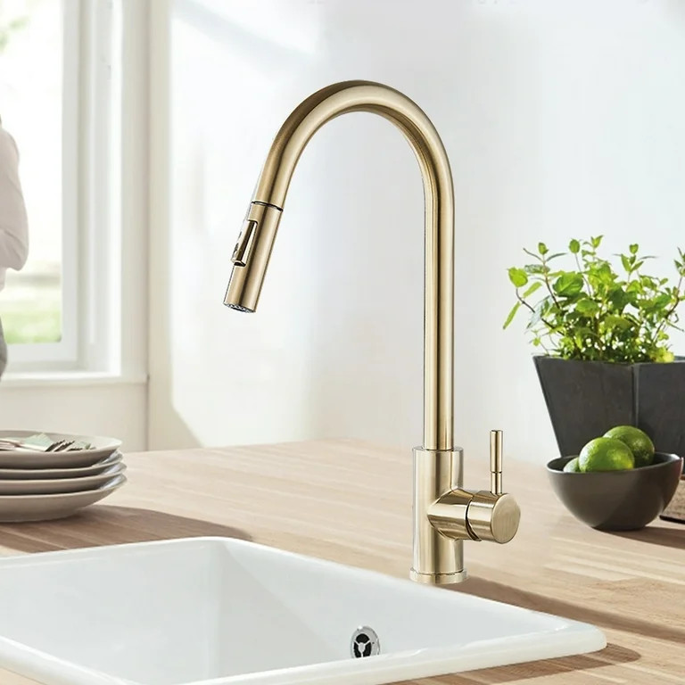 Senlesen Brushed Gold Kitchen Faucet Pull Out Sprayer Sink Mixer Tap - Walmart.com | Walmart (US)