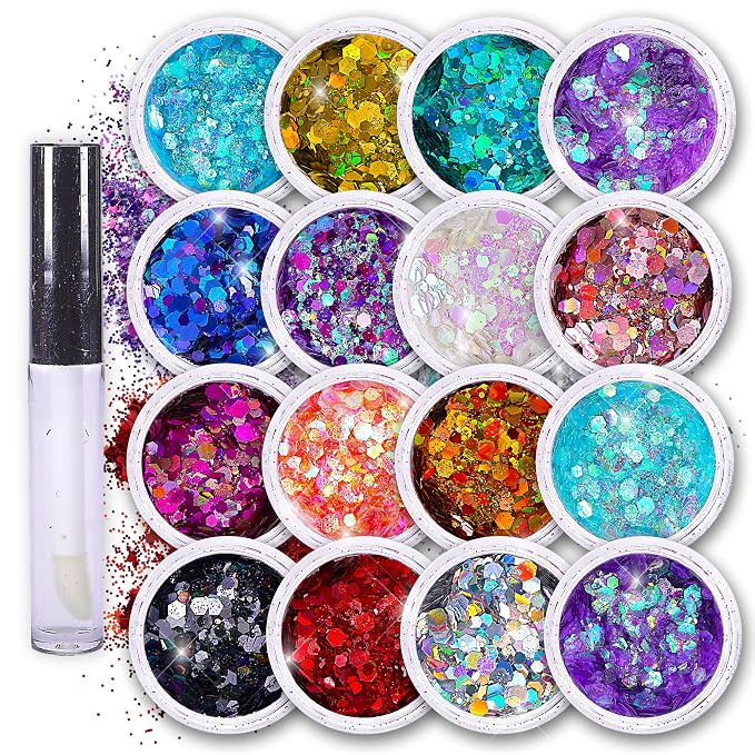 Chunky Holographic Body Glitter I 16 Colors + Glitter Glue for Face Glitter Makeup, Hair, Eye & F... | Amazon (US)