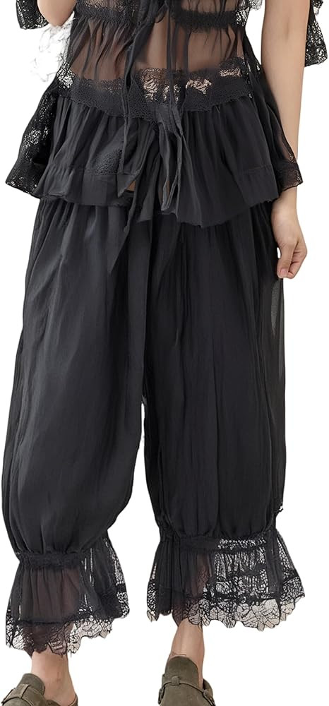 UAURORAO Women Lace Trim Long Bloomers Elastic Mid Rise Ruffle Pantaloons Cropped Flared Slips Pa... | Amazon (US)