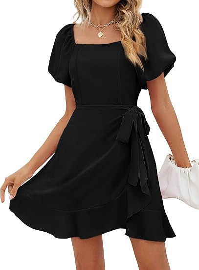 SAMPEEL Womens Square Neck Puff Sleeve Dresses Casual Summer Tie Waist Dress | Amazon (US)
