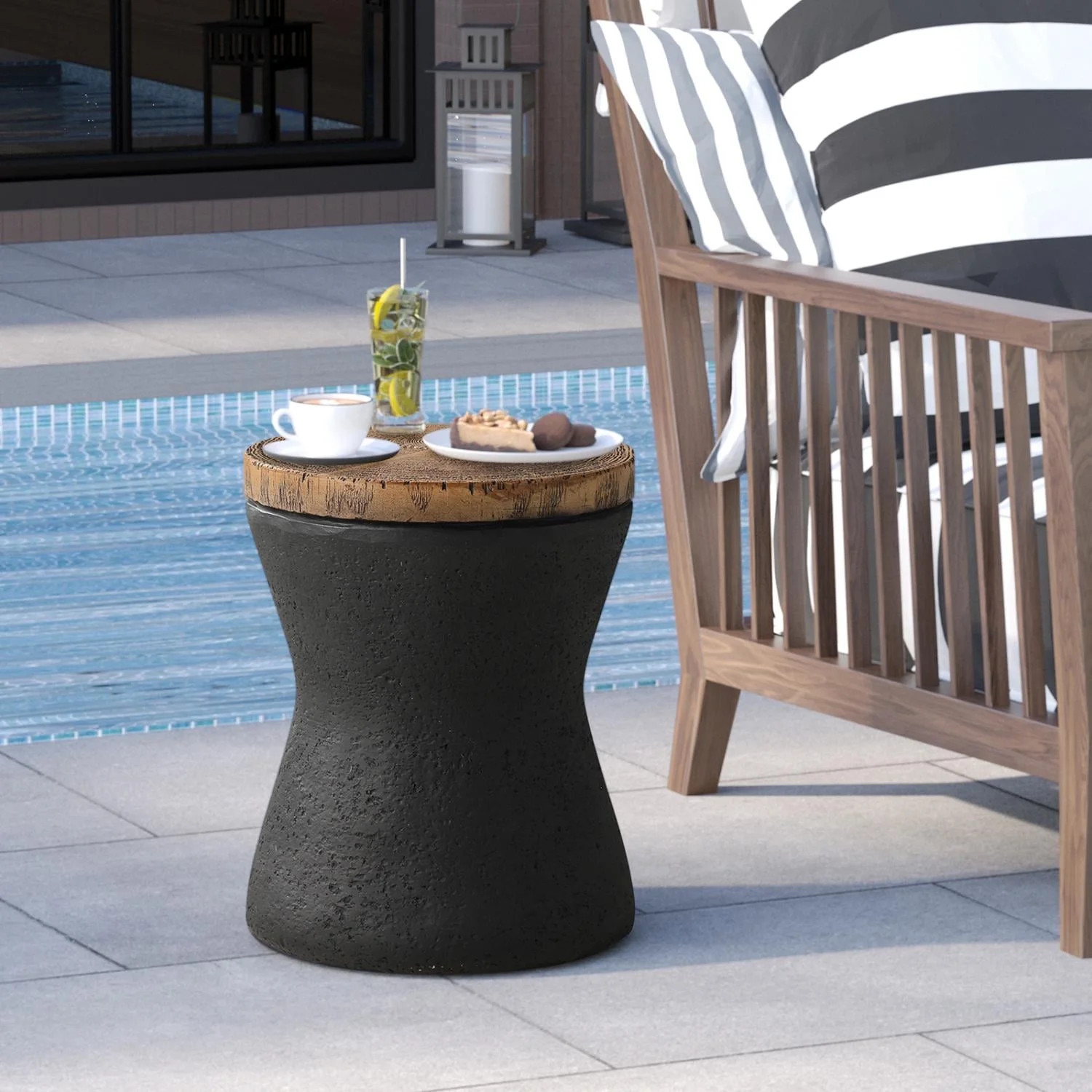 COSIEST Concrete Outdoor Side Table with Wood Grain Top,Small Hourglass Shaped Round Accent End T... | Walmart (US)