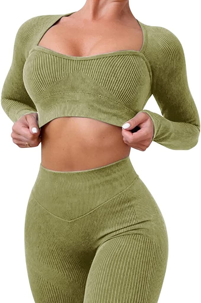 Workout Sets for Women Long Sleeev 2 Piece Yoga Outfits Seamless Ribbed Sweetheart Neck Crop Top ... | Amazon (US)