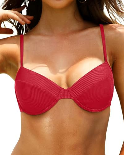 Tempt Me Women Red Underwire Bikini Top Push Up Bathing Suit Top Bra Sized Ribbed Swimsuit Top Only L | Amazon (US)