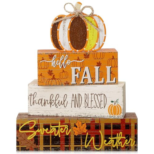 Geelin 4 Pcs Fall Table Decorations Fall Pumpkin Tiered Tray Decor Pumpkin Table Centerpiece Autumn Wood Blocks Autumn Decorations for Home Kitchen | Amazon (US)