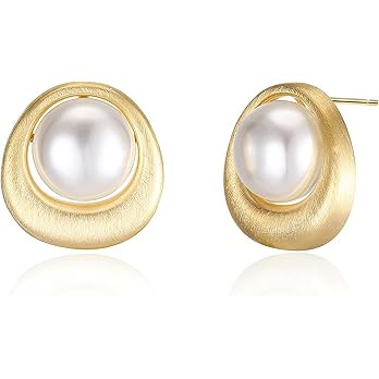 Pearl Stud Earrings, 14K Gold plated Large Pearl Earrings Gold Stud Earrings Handpicked Freshwate... | Amazon (US)