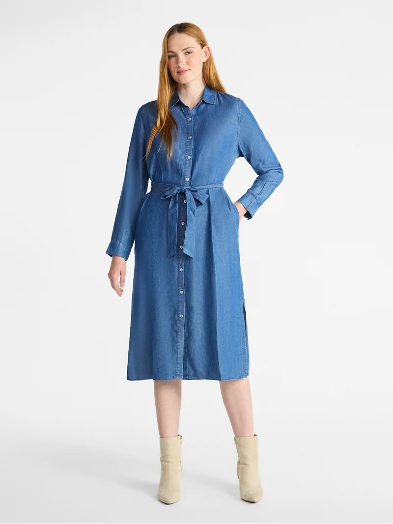 Time and Tru Women's Midi Shirt Dress with Long Sleeves, Sizes XS-XXXL | Walmart (US)