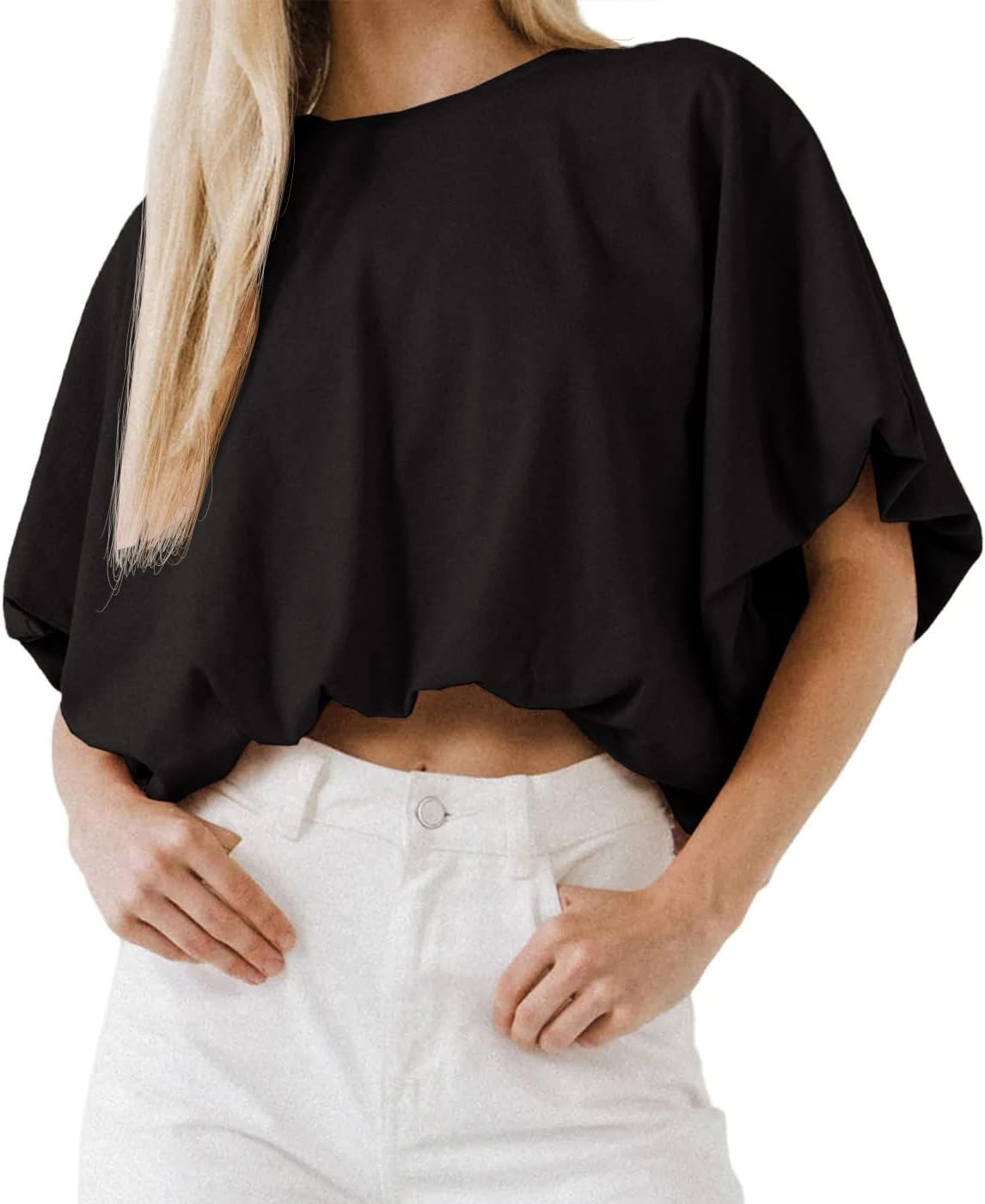 Womens Summer Crewneck Crop Tops Short Sleeve Casual Loose Cropped T Shirts | Amazon (US)