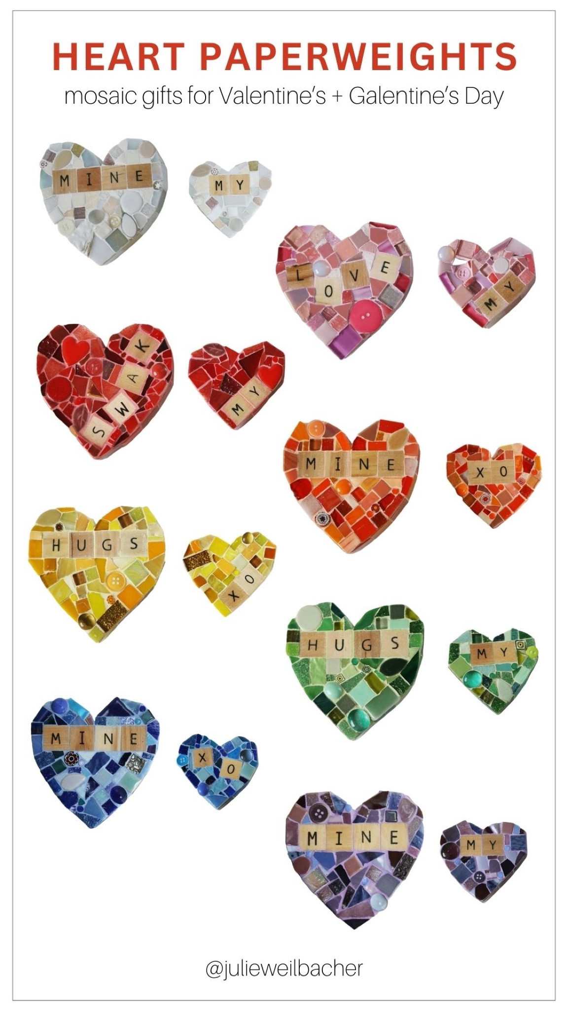 Sharing mosaic heart paperweights which make a fun Valentine’s Day/Galentine’s Day gift. ❤️ They’re available in 2 sizes and 8 colors. Each heart is covered in mixed-media mosaic including glass, ceramic, porcelain, and wood. ❤️ They’re able to stand up on a table top, or look just as cute lying down on a coffee table. ❤️ For more mosaic tips, tutorials, inspiration and so much more please visit my YouTube channel: YouTube.com/julieweilbacher. Follow @julieweilbacher on Instagram for all things mosaic art. mosaic - heart art - Valentine’s Day gift ideas - Galentine’s Day gift ideas - mosaics -  gifts for your gal pals - mosaic art