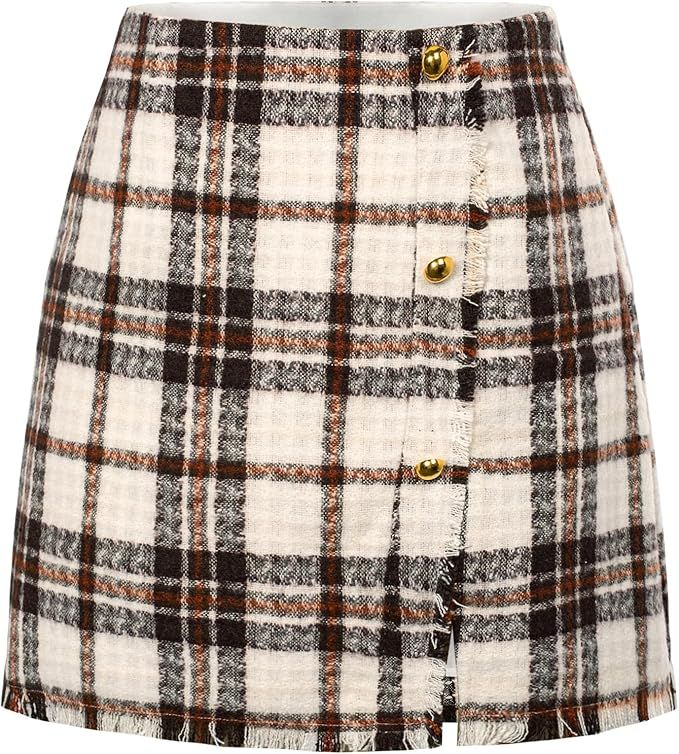 Kate Kasin Women's Plaid Tweed Skirt High Waist Button Front Split Bodycon Pencil Mini Skirts | Amazon (US)