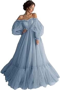 Tianzhihe Puffy Sleeve Prom Dress Long Off Shoulder Tulle Photoshoot Maternity Dress Ball Gown | Amazon (US)