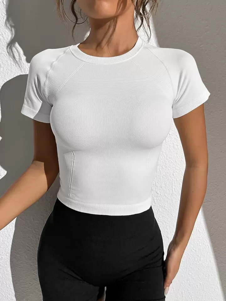 Yoga Basic T-Shirt mit einfarbig Raglanärmeln, Crop Sportlich | SHEIN