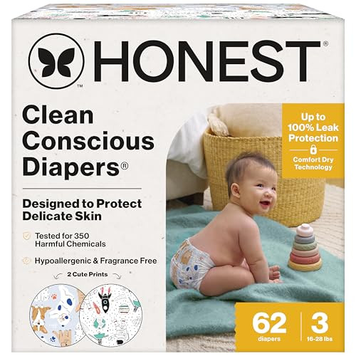 The Honest Company Comfort Dry Disposable Daytime Diapers, Hypoallergenic, Fragrance-Free, Sensitive Skin, Space Travel + It's a Pawty, Club Box Size 3 (16–28 lbs), 62 Count | Amazon (US)