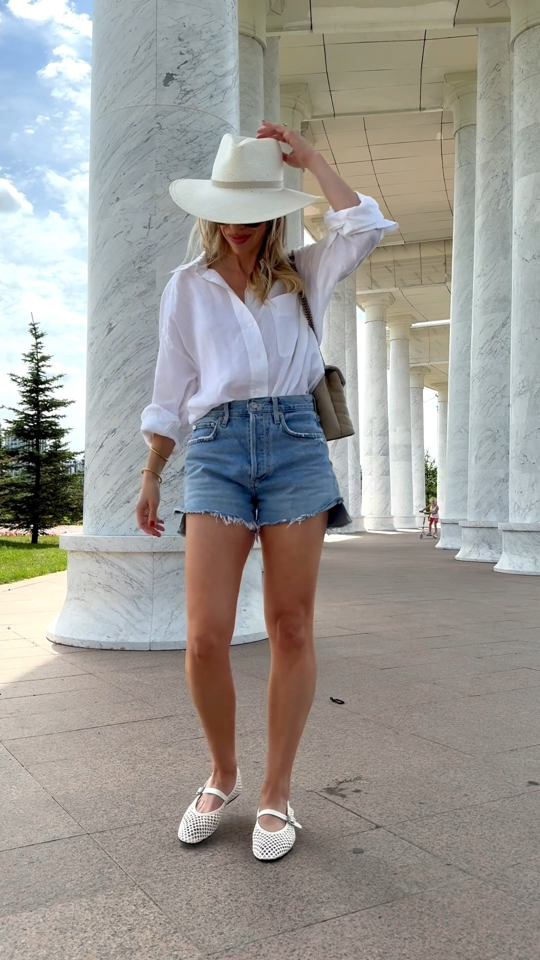 Summer outfit, white linen shirt, denim shorts, white mesh flats, white straw hat, summer vacation 

#LTKSaleAlert #LTKTravel #LTKSeasonal